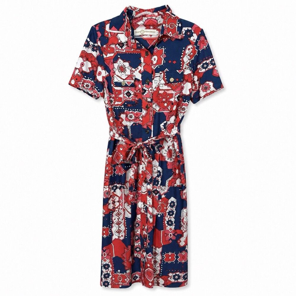 TRACY NEGOSHIAN Short Sleeve Button Up Tie Waist Shirt Dress Size Large